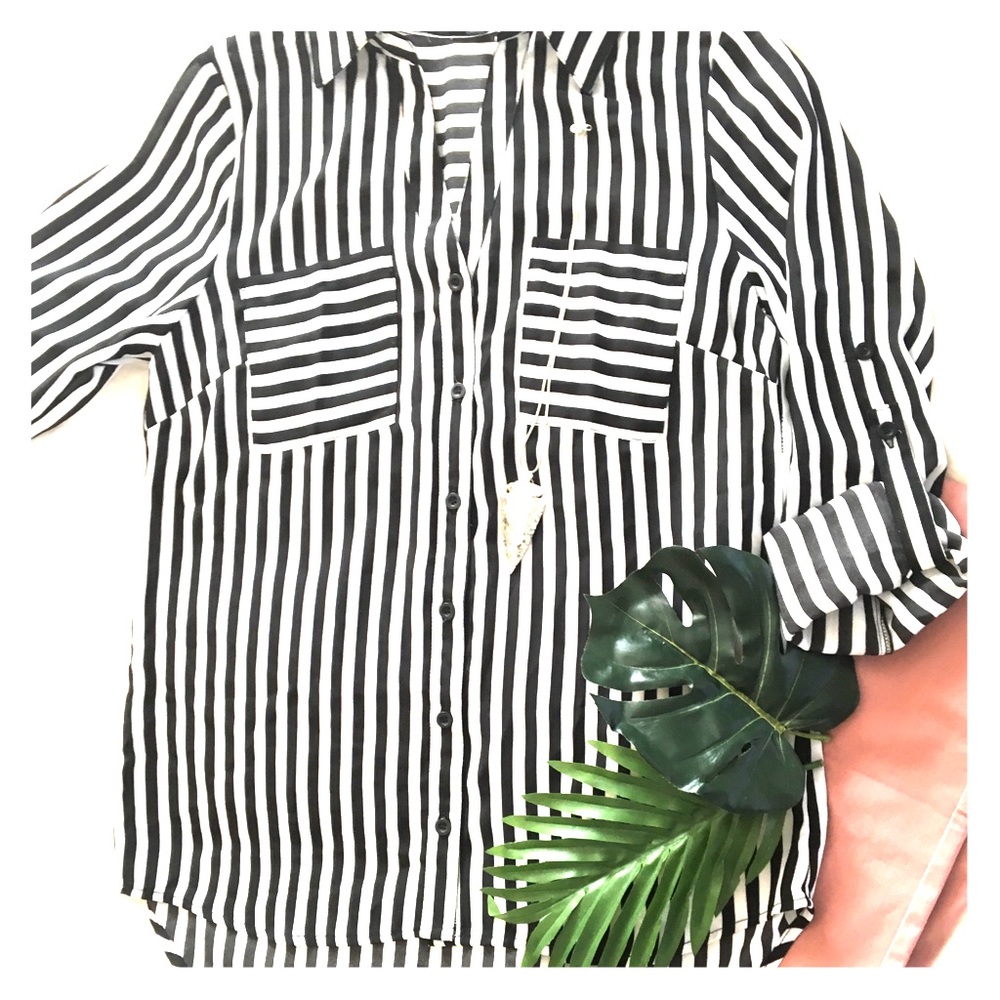 Flowy Button Down, Black and White Stripes